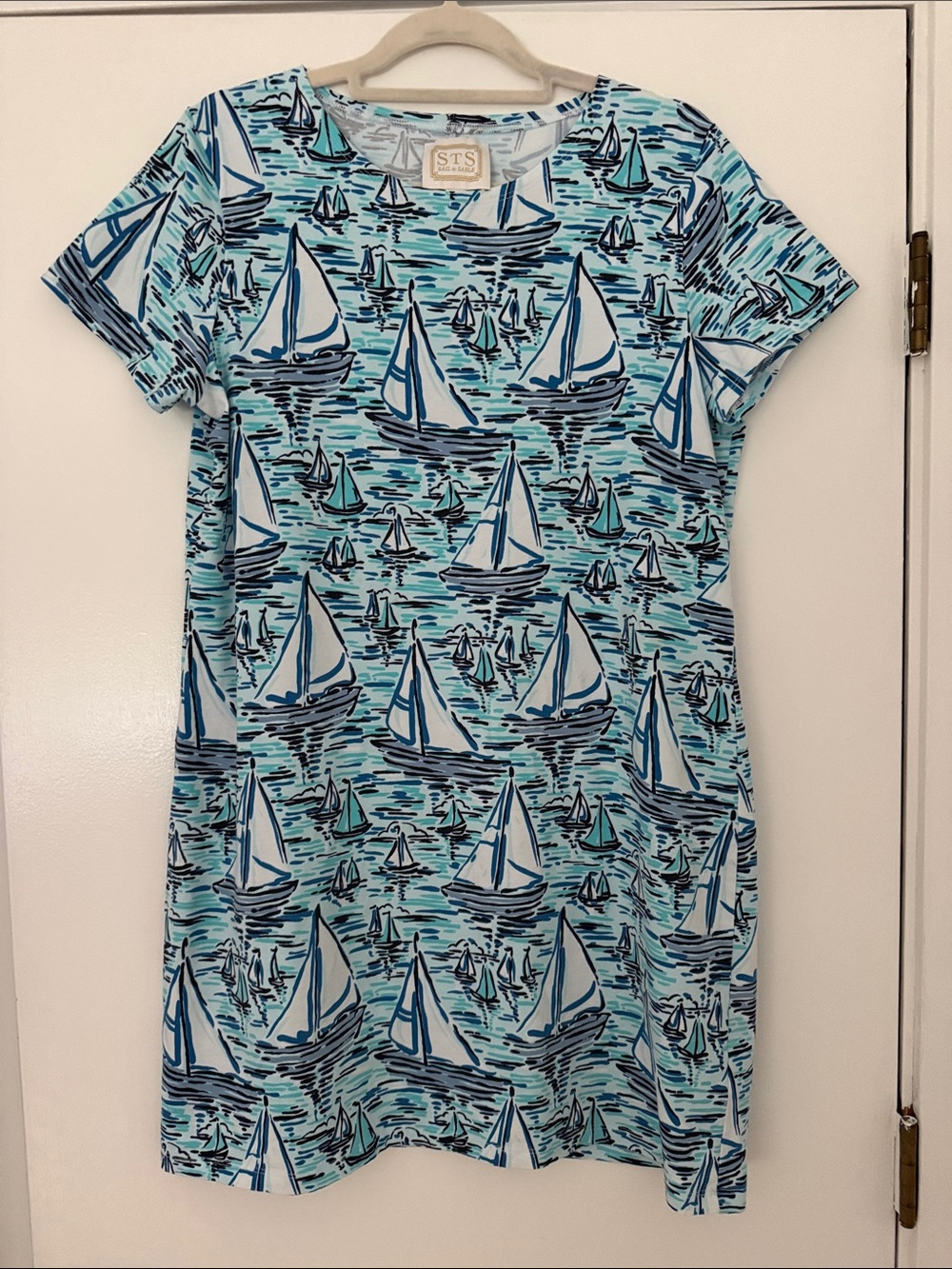 Sail to Sable T-shirt dress in an all over sailboat print.